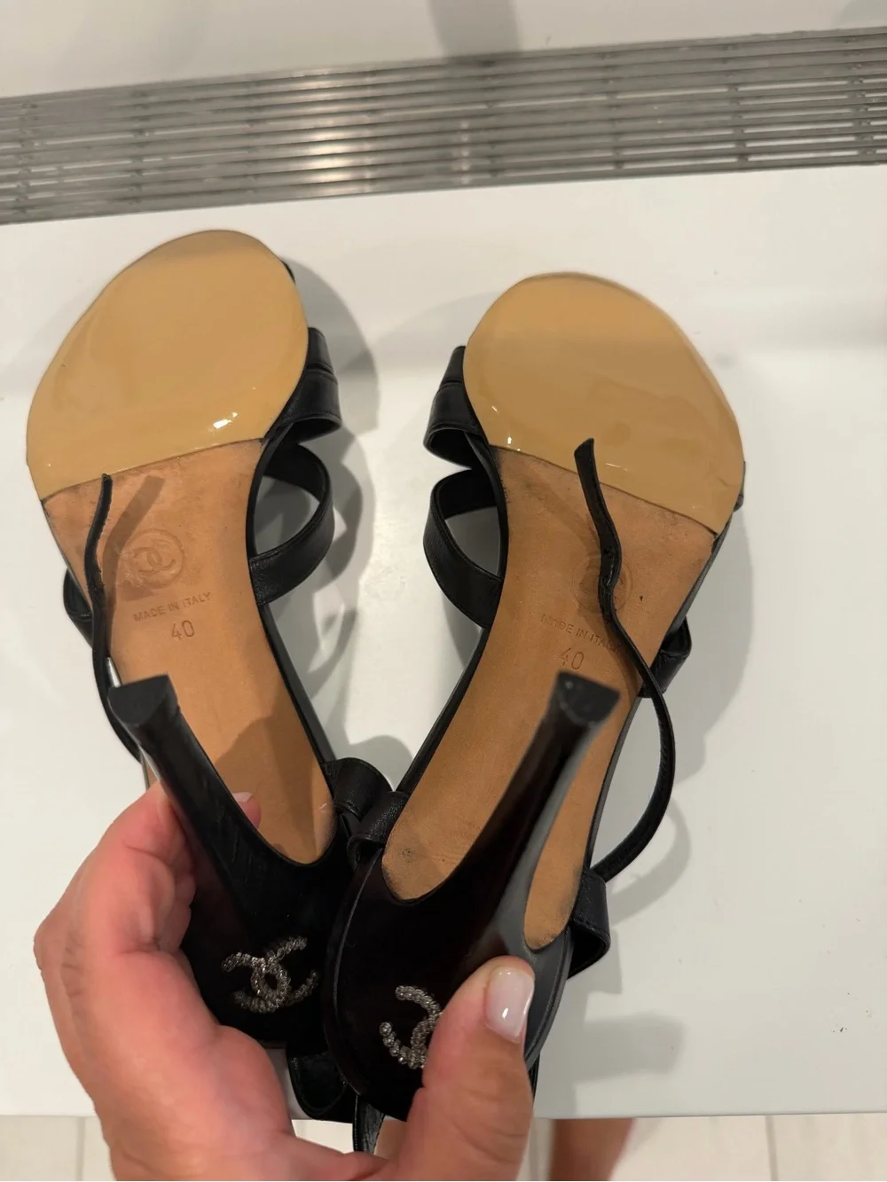 CHANEL Black Leather Crisscross Slingback Heels